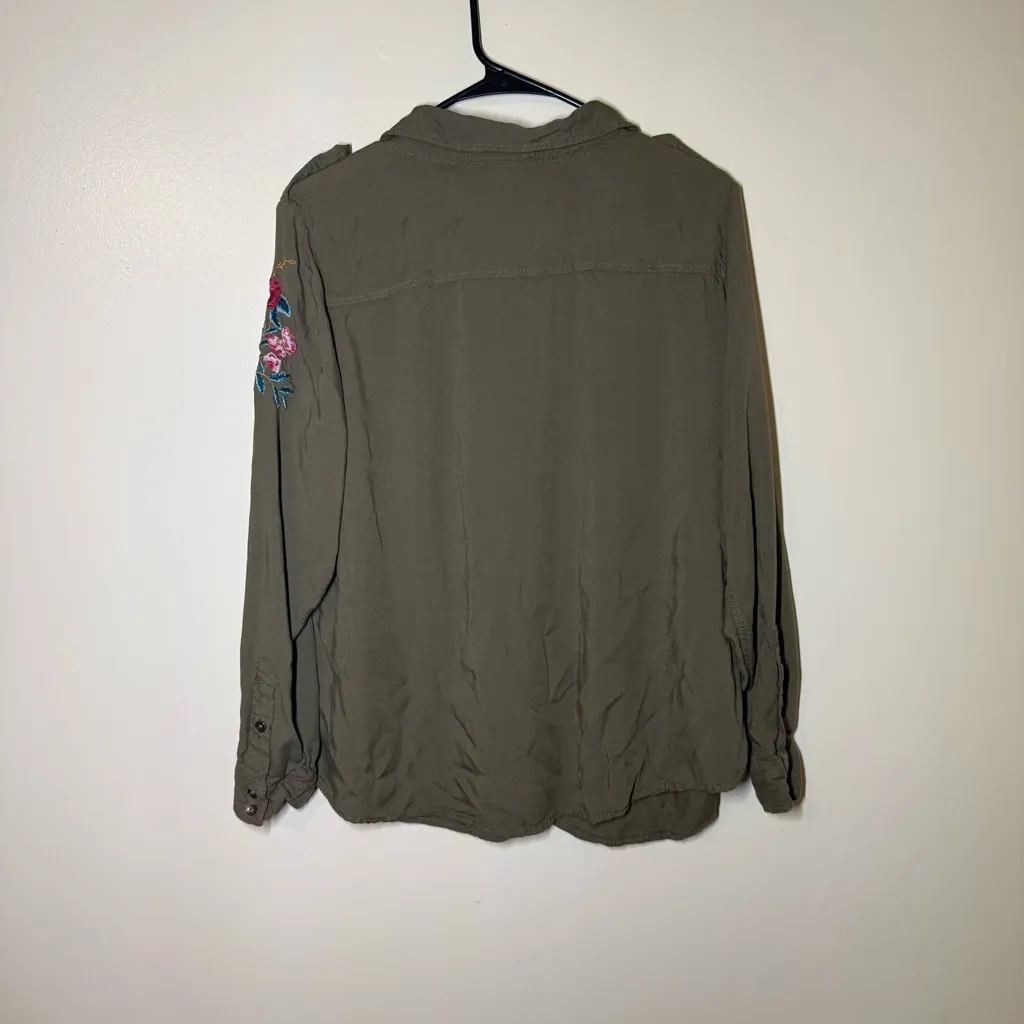 Torrid Olive Button Down Shirt with Floral Details - Image 2