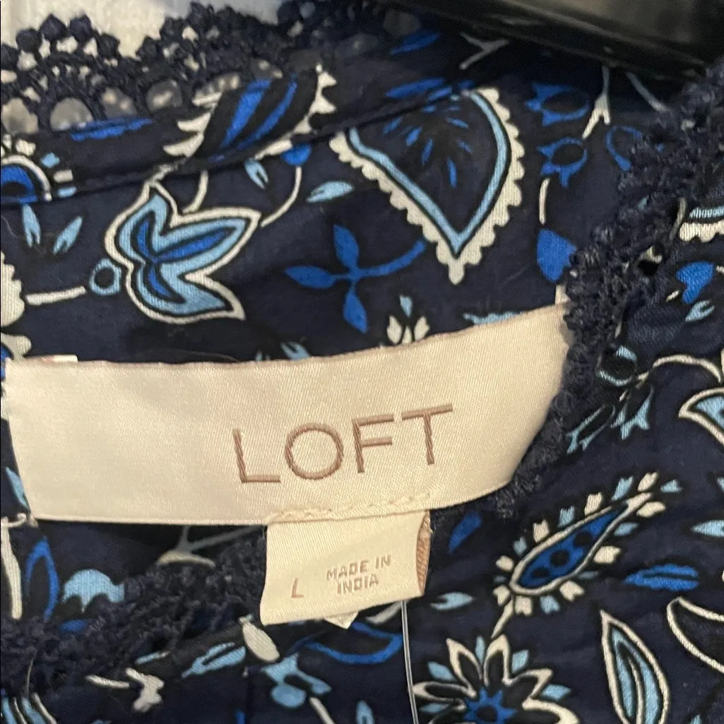 LOFT Dark Blue Floral Patterned Long Sleeve Blouse | Large NWT - Image 3