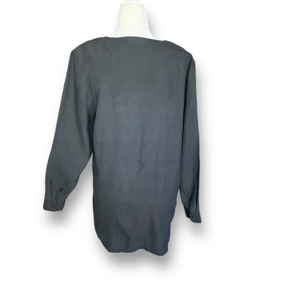 Vintage Anne Larsson Oversized Black Silk Top Long Sleeve Knot Buttons Asian Black - Image 4