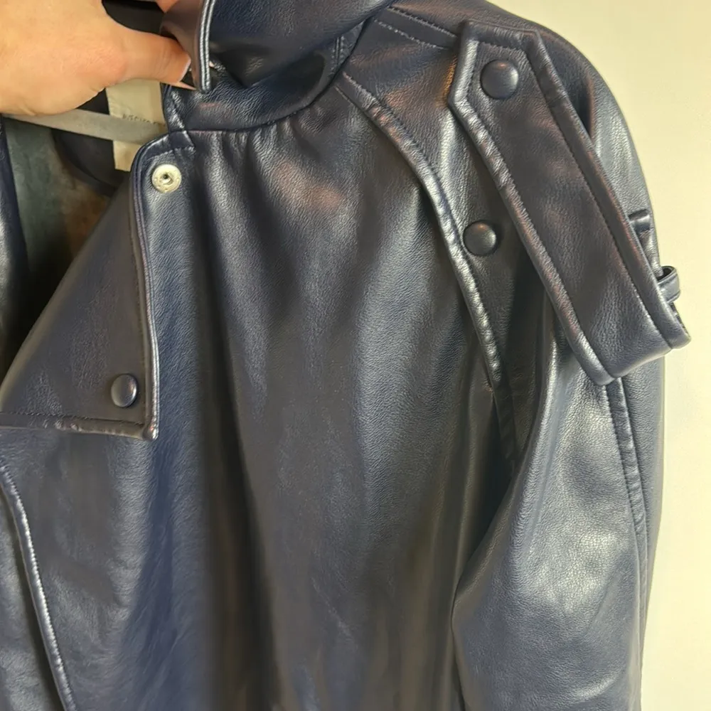 Faux Leather Navy Trench Coat - Image 7