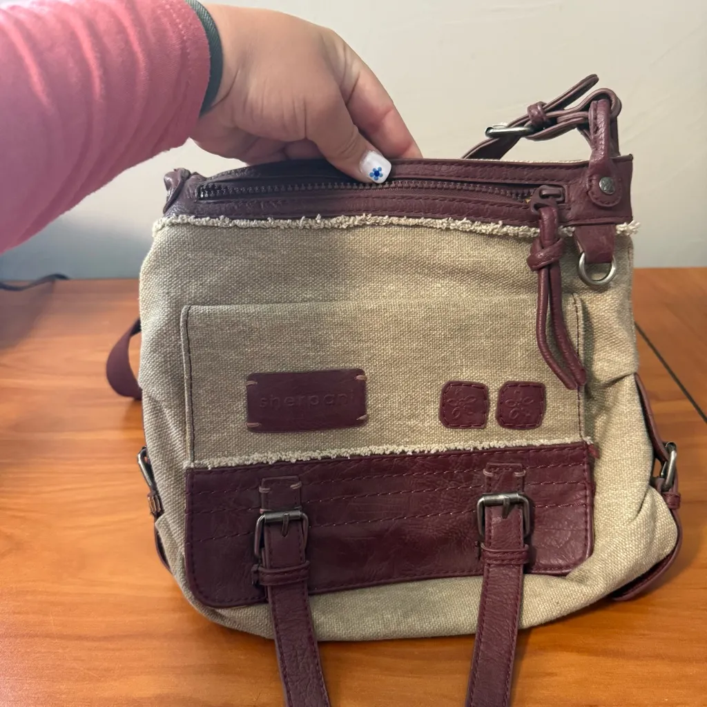 Sherpani Crossbody Bag Purse Canvas‎ Leather Laurel Burgundy Khaki Casual Red - Image 4