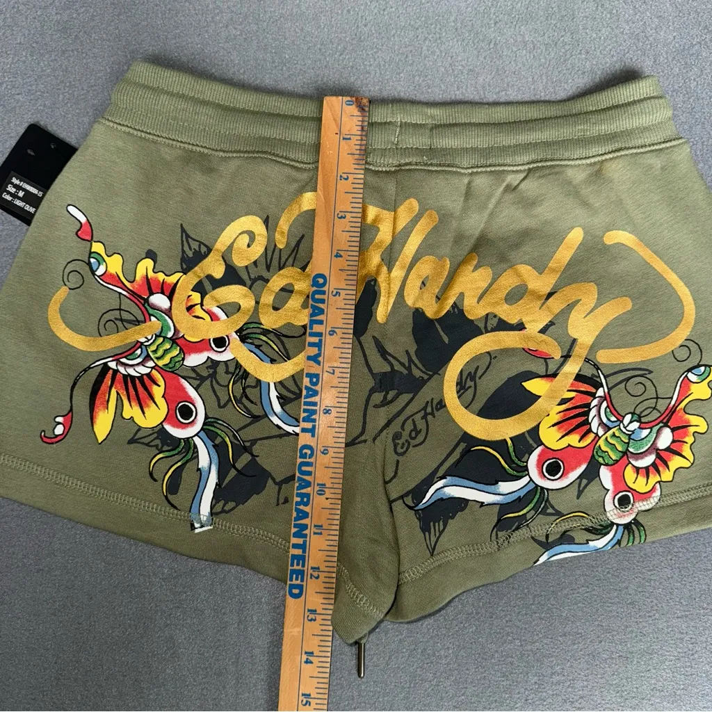 Ed Hardy Olive Green Butterfly Fleece Athletic Shorts Size Medium Wearable‎ Art - Image 3