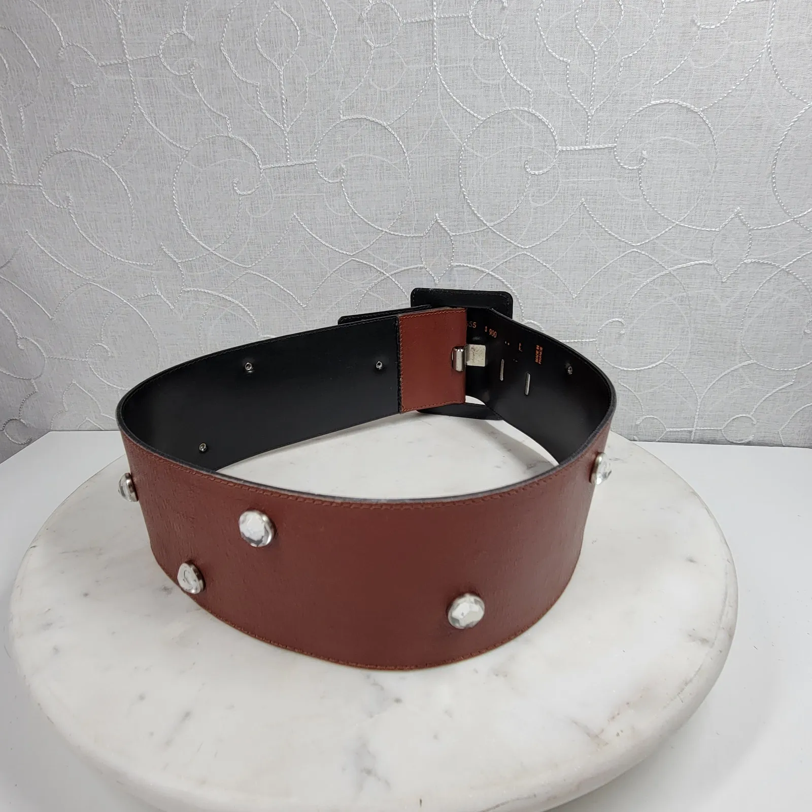 Vintage Yves Saint Laurent Wide Belt S Brown Leather‎ Buckle Rhinestone Rivets - Image 14