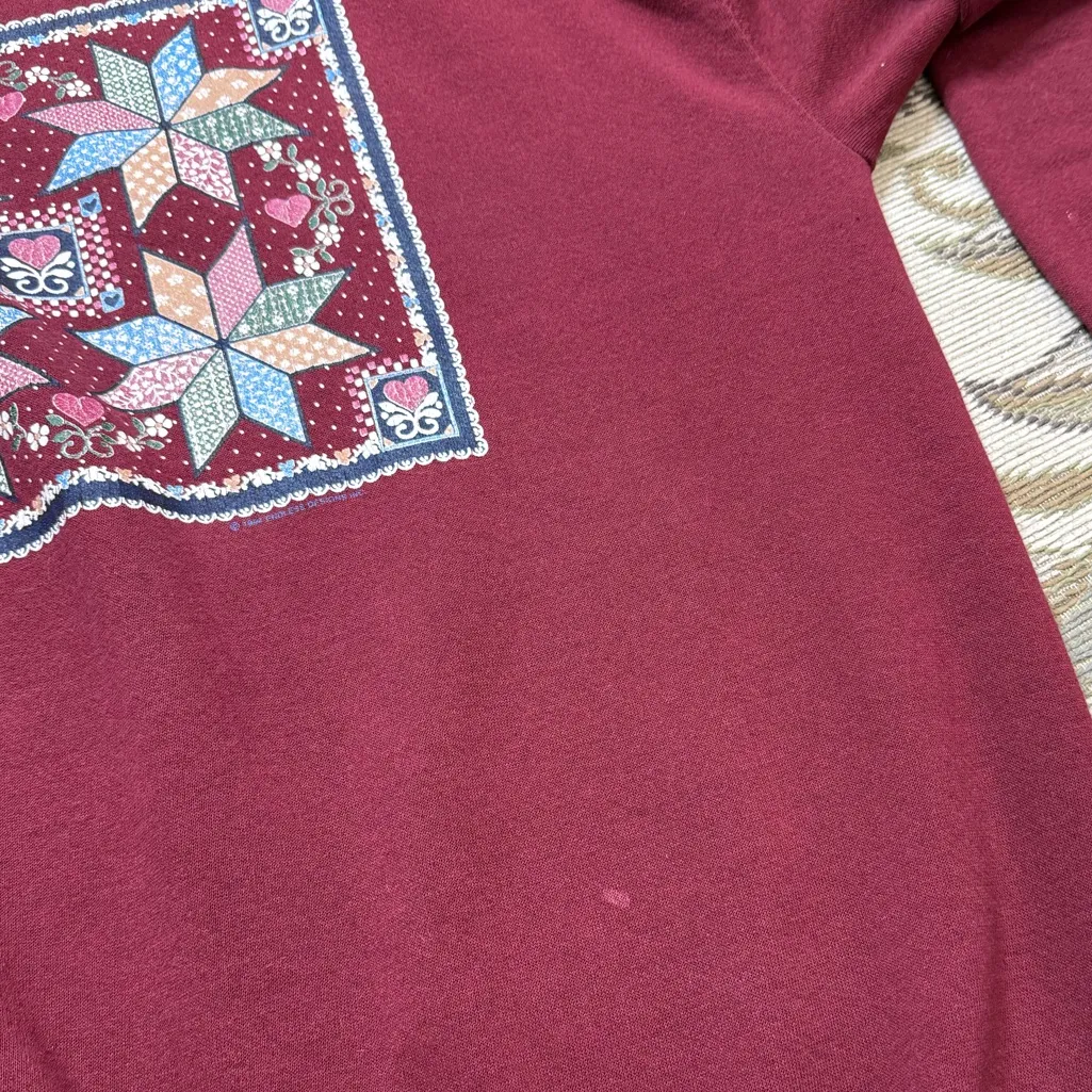 90s Santee Pluma Vintage Grandma Sweatshirt Collared Patchwork Quilt USA L Large Red - Image 7