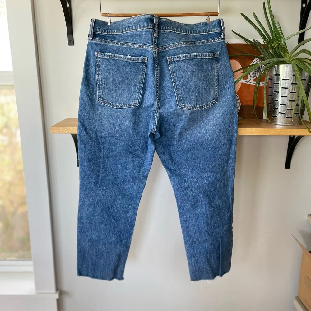 Old Navy Mid Rise Boyfriend Dark Denim Jeans With Distressing Raw Hem Size 12 - Image 2