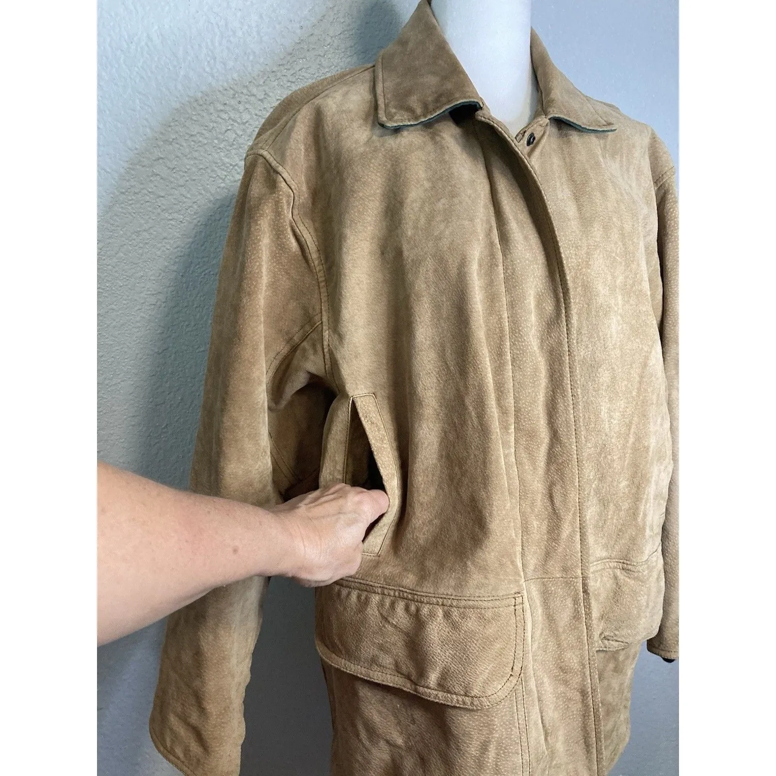 90s Suede Leather Jacket Womens M Tan Flannel Lined Y2K SouthWestern Academia Size M - Image 6