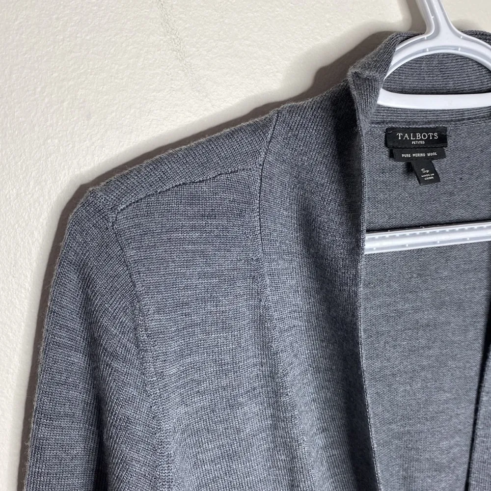 Talbots grey merino wool longline cardigan with velour front tie size Sp - Image 48