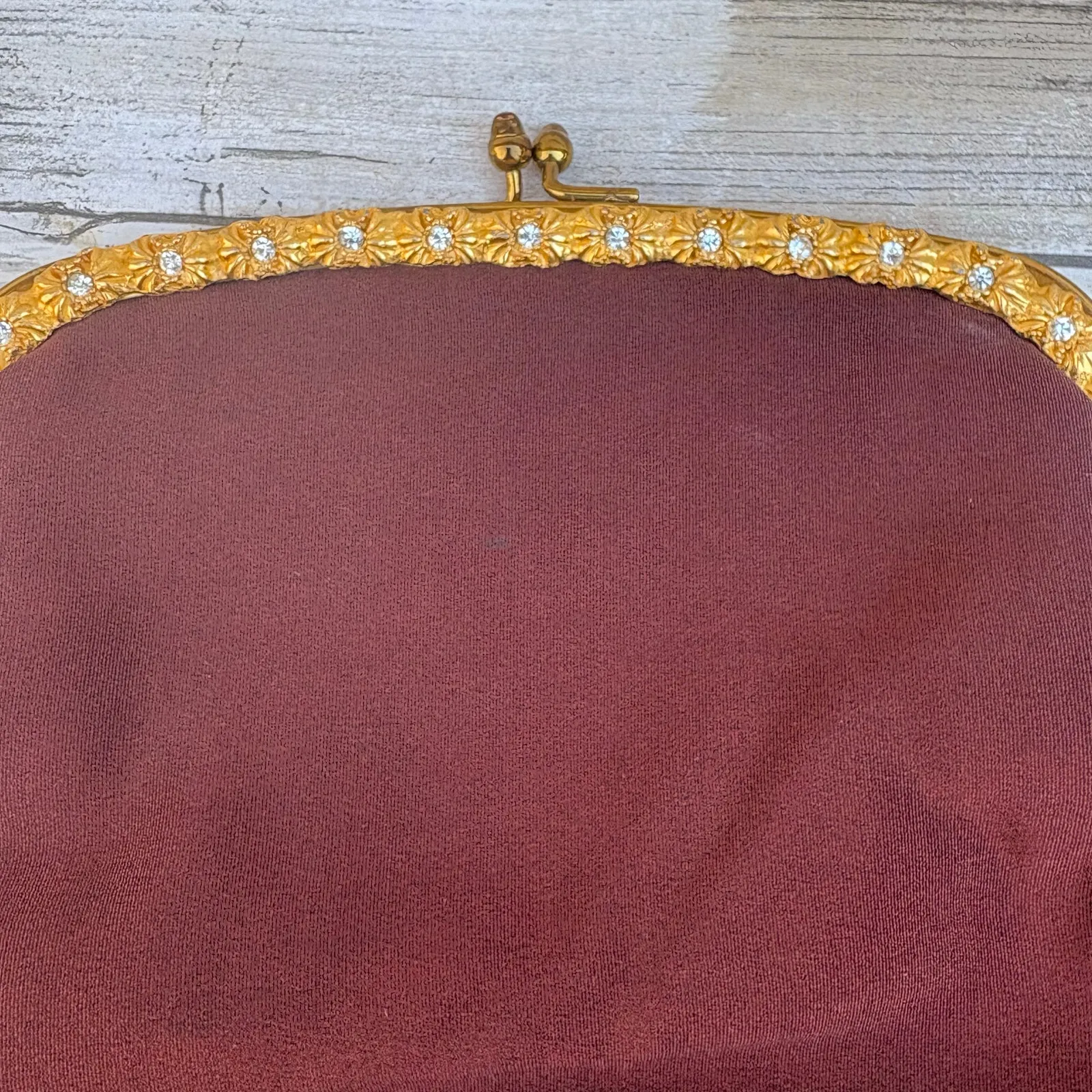 VTG 60s Garay Purse Clutch Brown Fabric Gold Flowers Rhinestone Kisslock MCM - Image 3