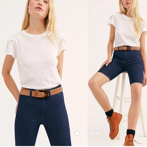 Free People So Chic Denim Biker Frayed Hem Shorts - Image 2