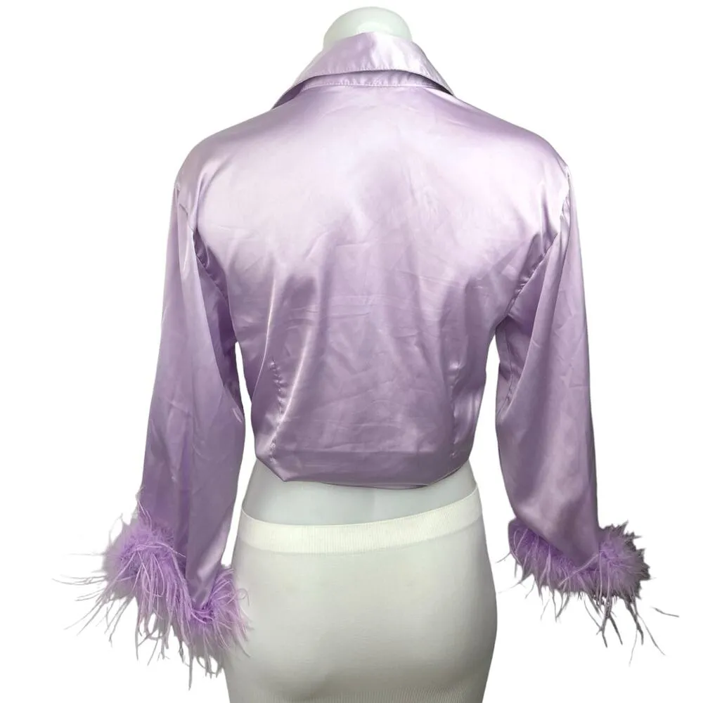 Rumours Purple Lilac Satin Fur Feather Sleeve Front Tie Crop Blouse Top Size M Size M - Image 2