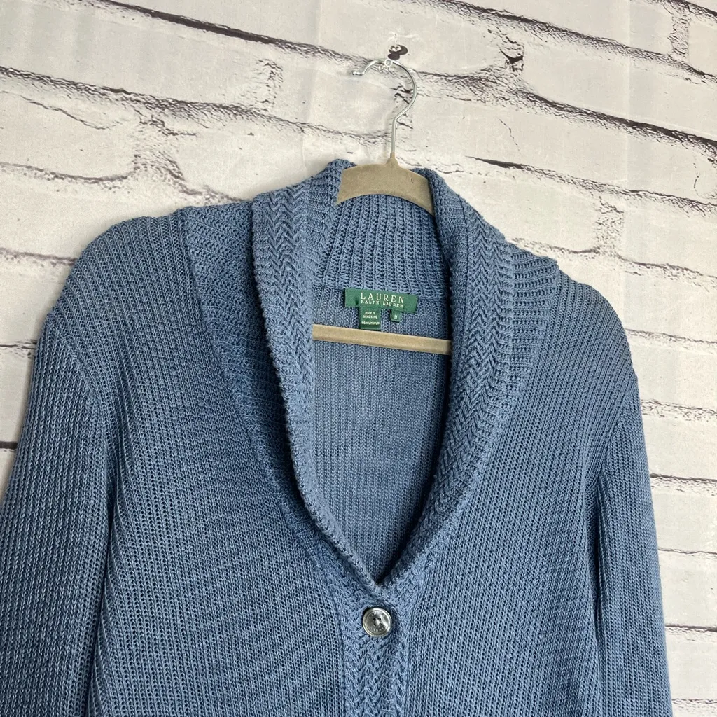 Vintage Lauren Ralph Lauren Blue Shawl Collar Cardigan Knit Top Women’s M Button Size M - Image 3