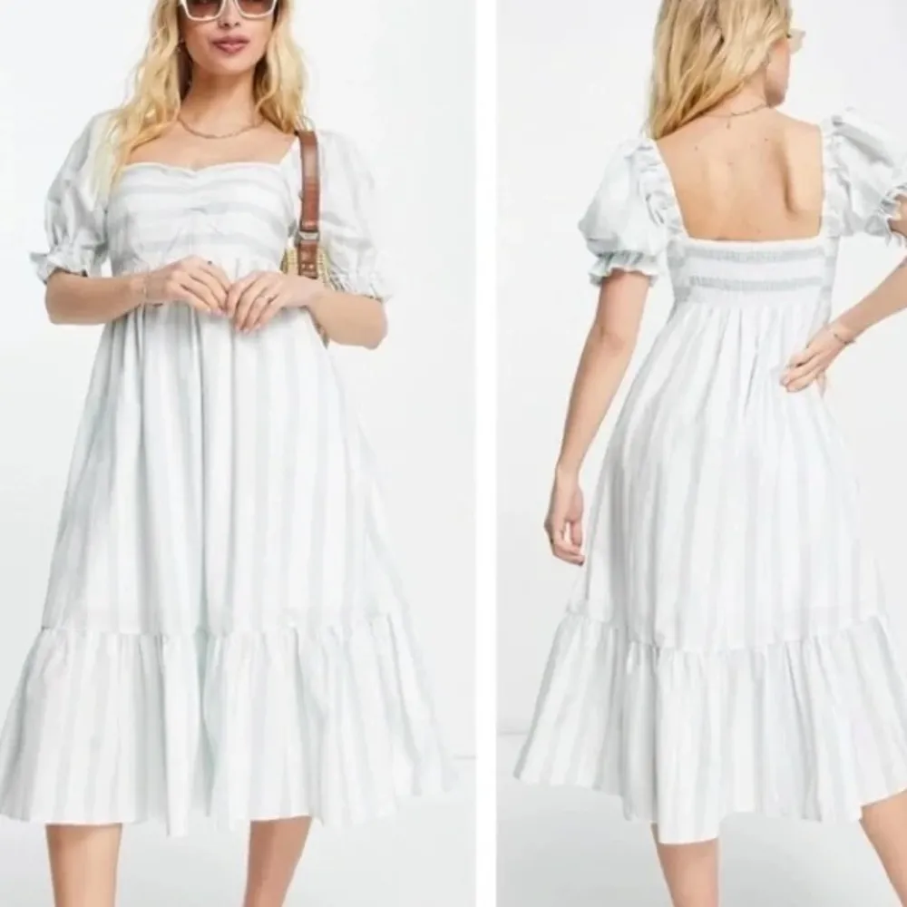 Abercrombie & Fitch Puff Sleeve Midi Dress - Green and White Stripe - Medium - Image 8