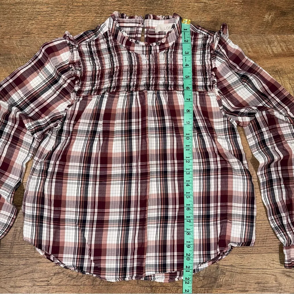 LOFT Burgundy Plaid Ruffle Blouse - Image 6