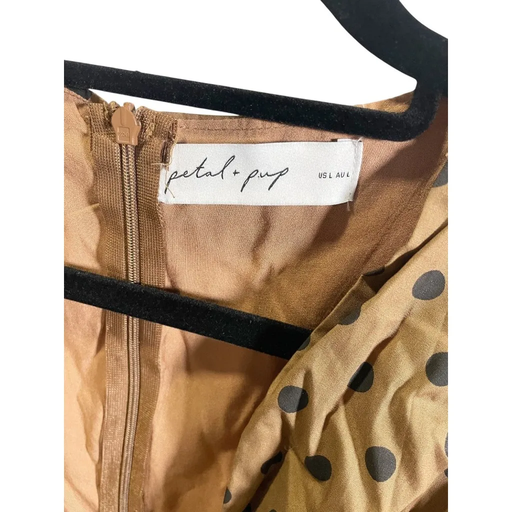 Petal & Pup Womens Charlie Polka Dot Midi Dress L Brown Black Puff Sleeve - Image 4