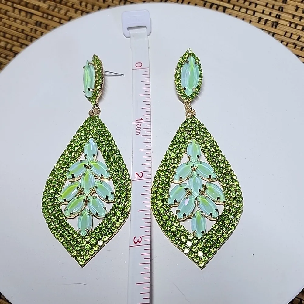 Statement Green Crystal Teardrop Drop Earrings - Image 6