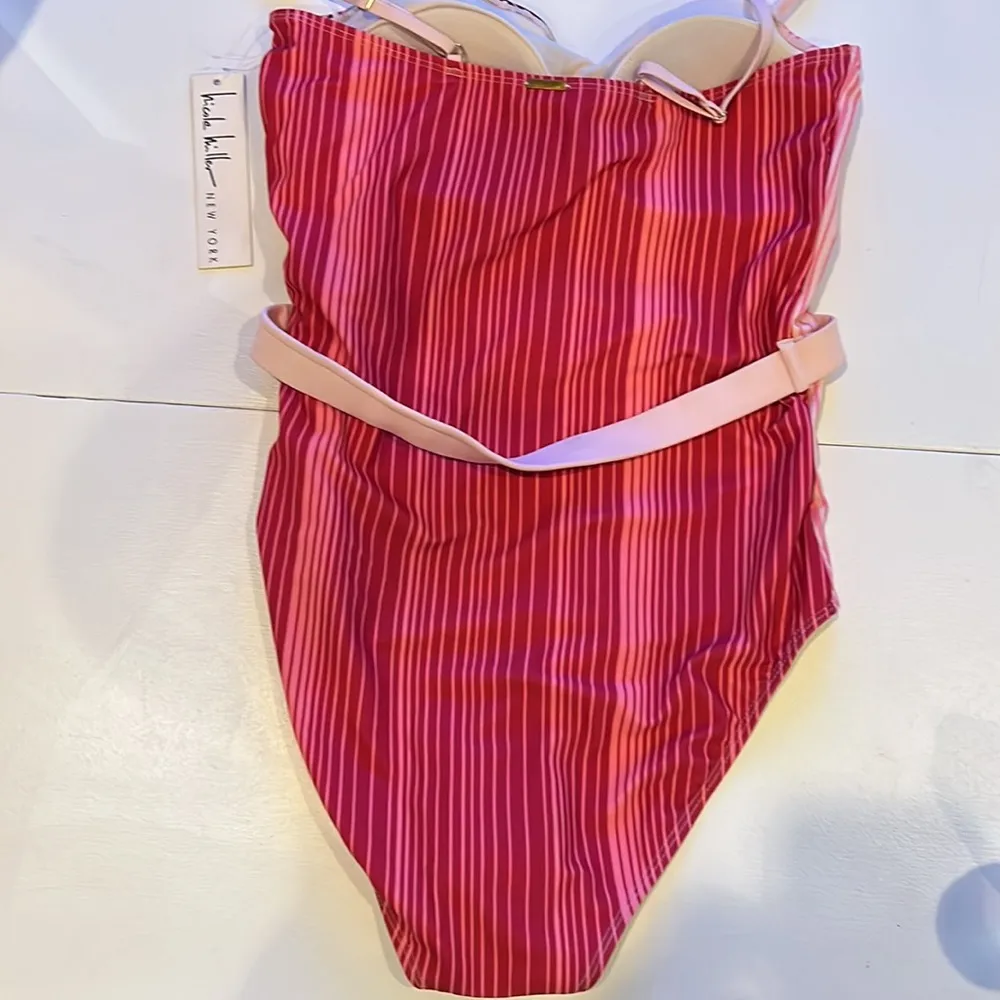 Nicole Miller Swimsuit floral with stripes belt at waist Size 12 - Image 5