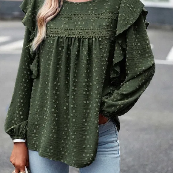 My Color Blue Boho Green Ruffles Blouse Dots Twee Casual Fall Medium - Image 10
