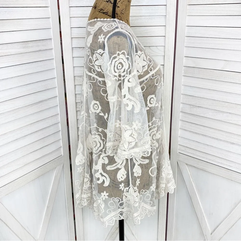 En Crème Boho Sheer Embroidery Lace Pullover Blouse Cream Medium - Image 3