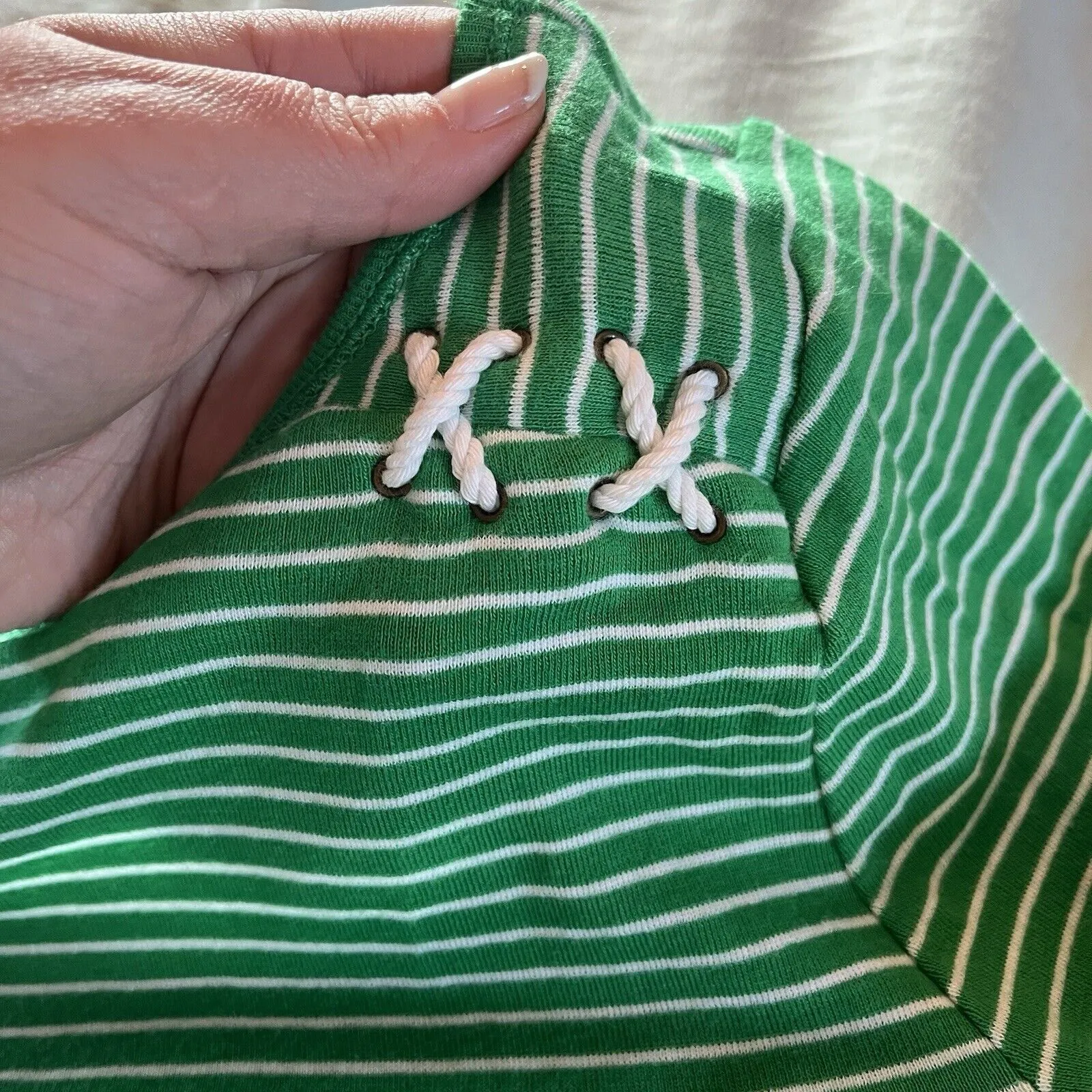 LRL Lauren Ralph Lauren Green White Striped 3/4 Sleeve Cross Ties Shoulder L - Image 6