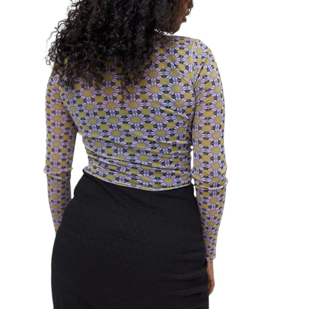 Urban Outfitters UO Shona Cinched Cropped Mesh Top Floral Retro Sheer Sz Large - Image 4