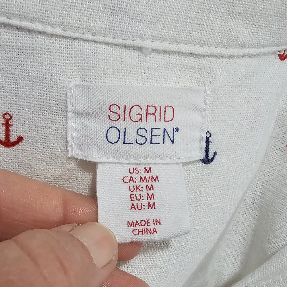Sigrid Olsen White Anchor Print Roll Tab Linen Blend Tunic Size Medium - Image 5
