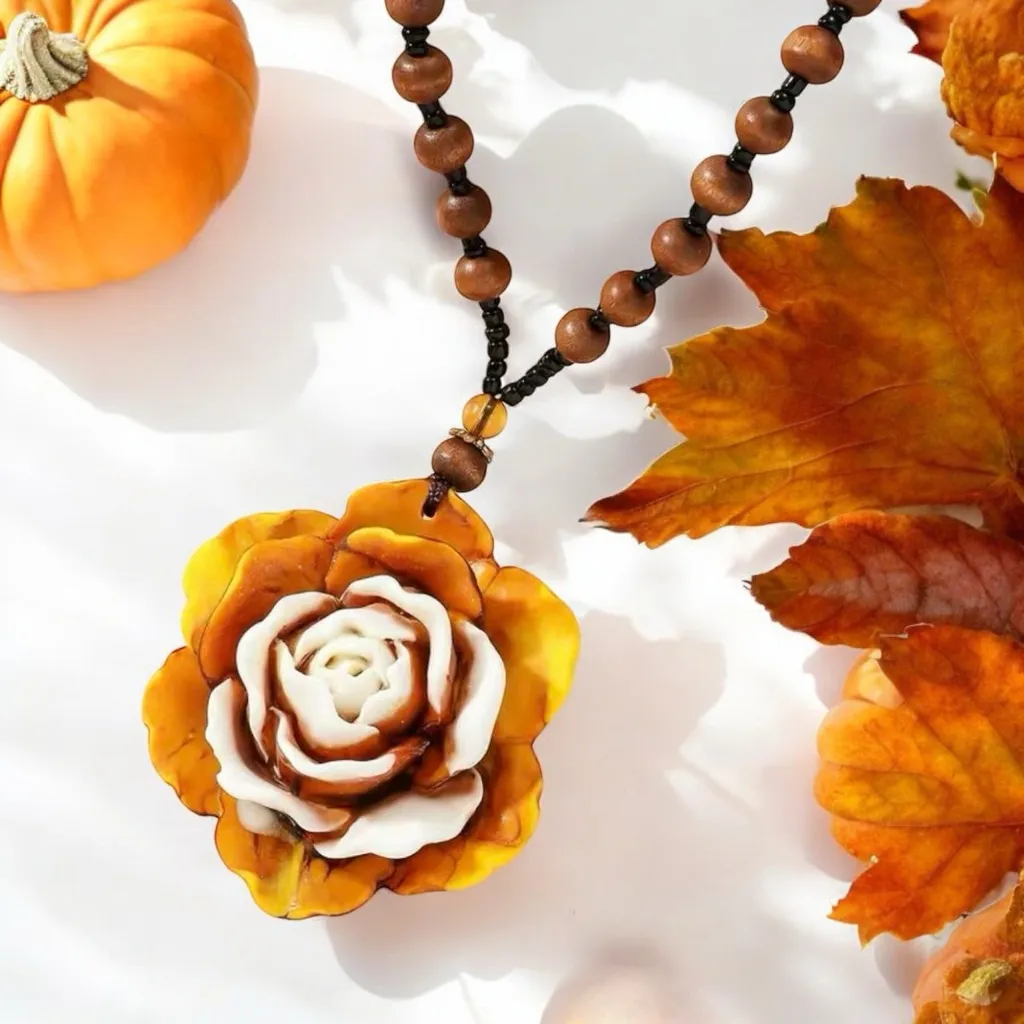 Opal Rose Flower‎ Pendant With Wooden Beads Necklace 16”inch long Brown - Image 2