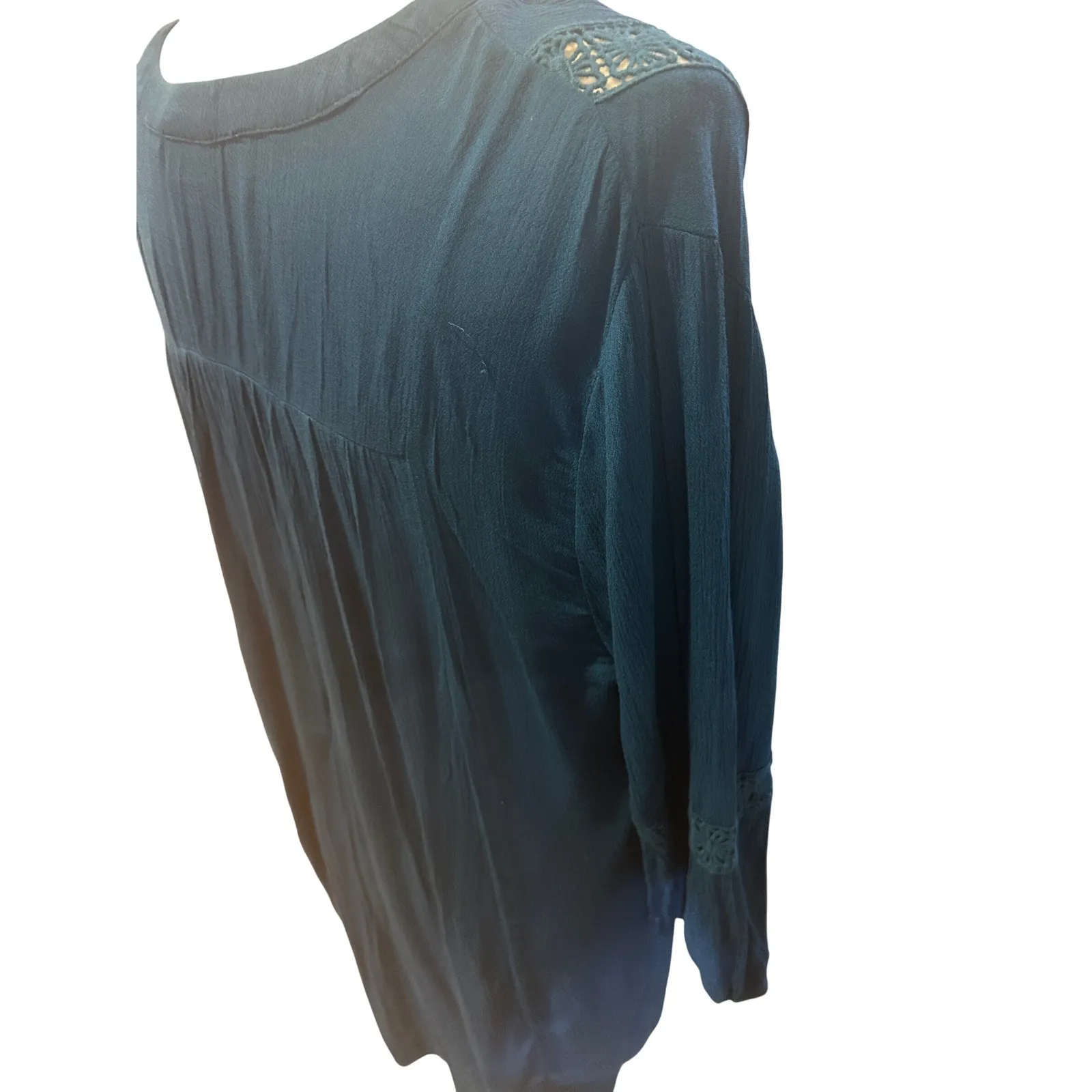 Boho Tunic Top, Blue Long Sleeve Peasant Blouse with Lace Trim,‎ Flowy - Image 6
