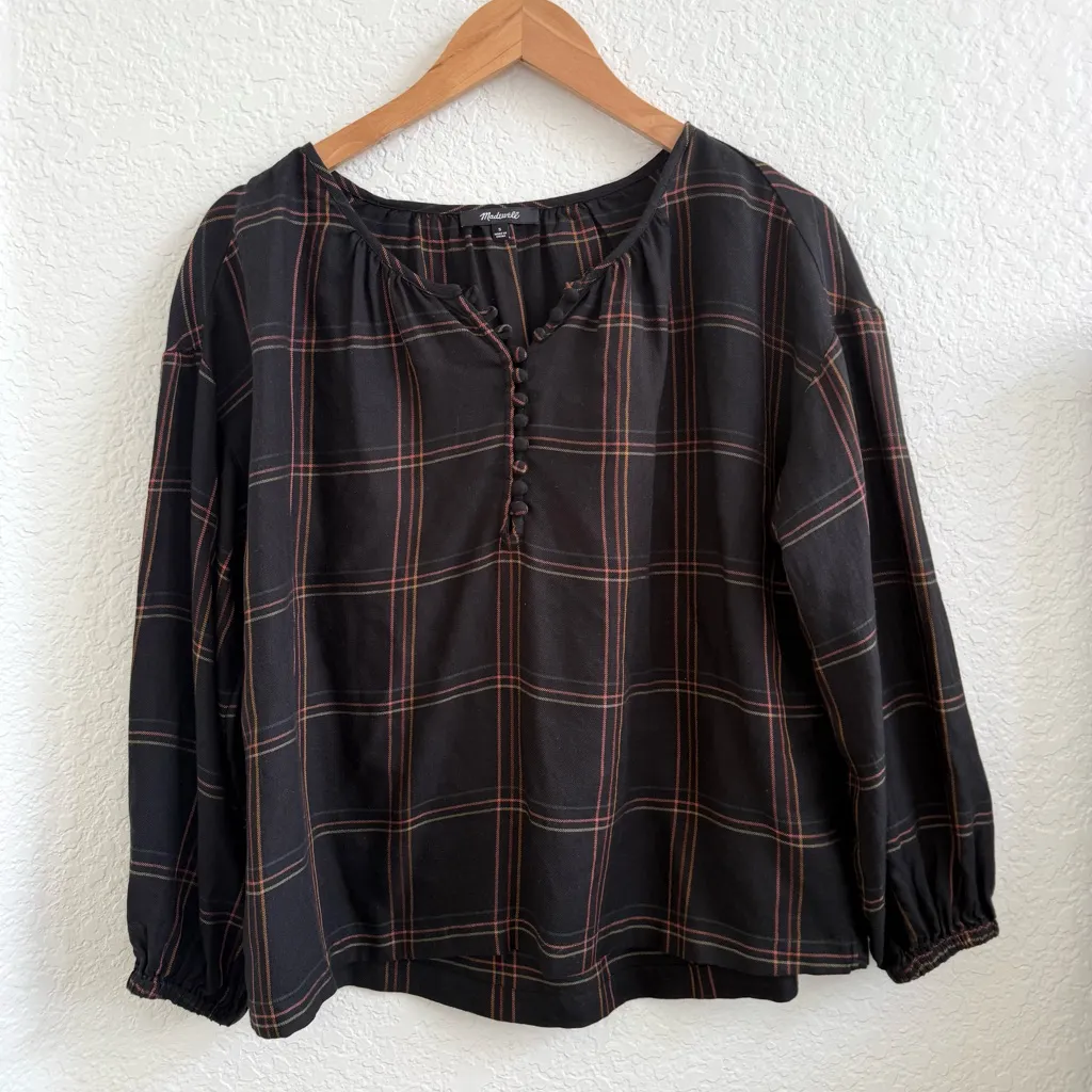 Madewell Shirred Peasant Top Blouse Plaid Windowpane Festive S Black Red Green - Image 4
