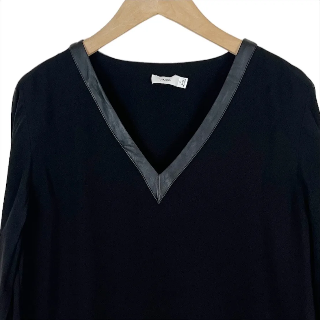 Vince Faux Leather Trim V-Neck Long Sleeve Shift Dress Size 2 Black - Image 4