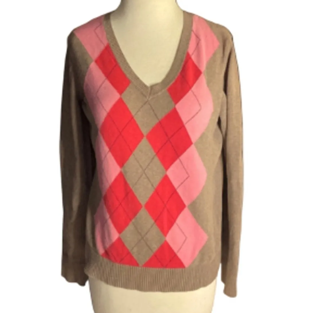Preppy Retro Argyle Knit Sweater Brown Pink Red V-Neck IZOD Medium - Image 2