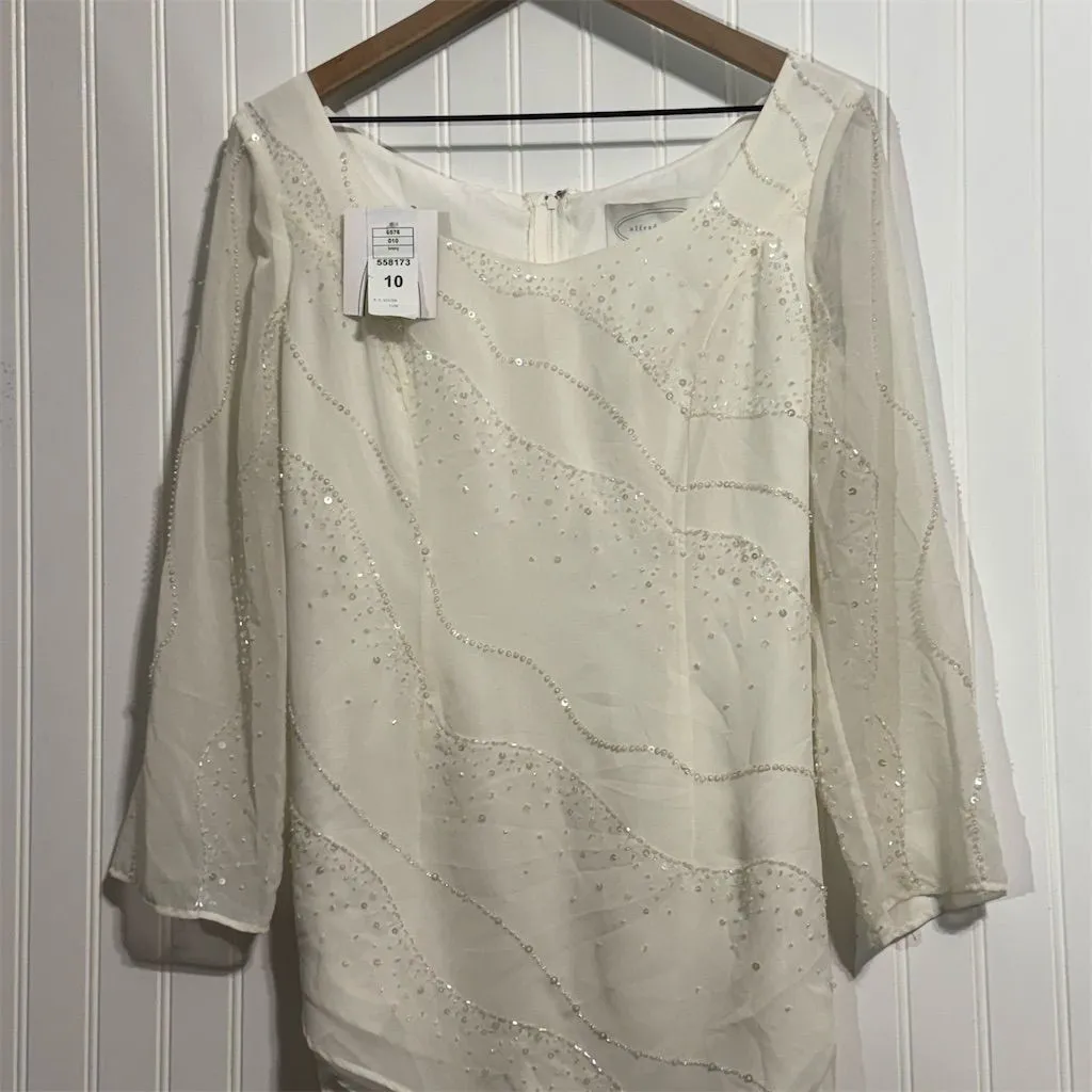 NWT Alfred Angelo Ivory Beaded Tunic 10 Mob Wife Quiet Luxury Sheer Sleeve Y2K - Image 2