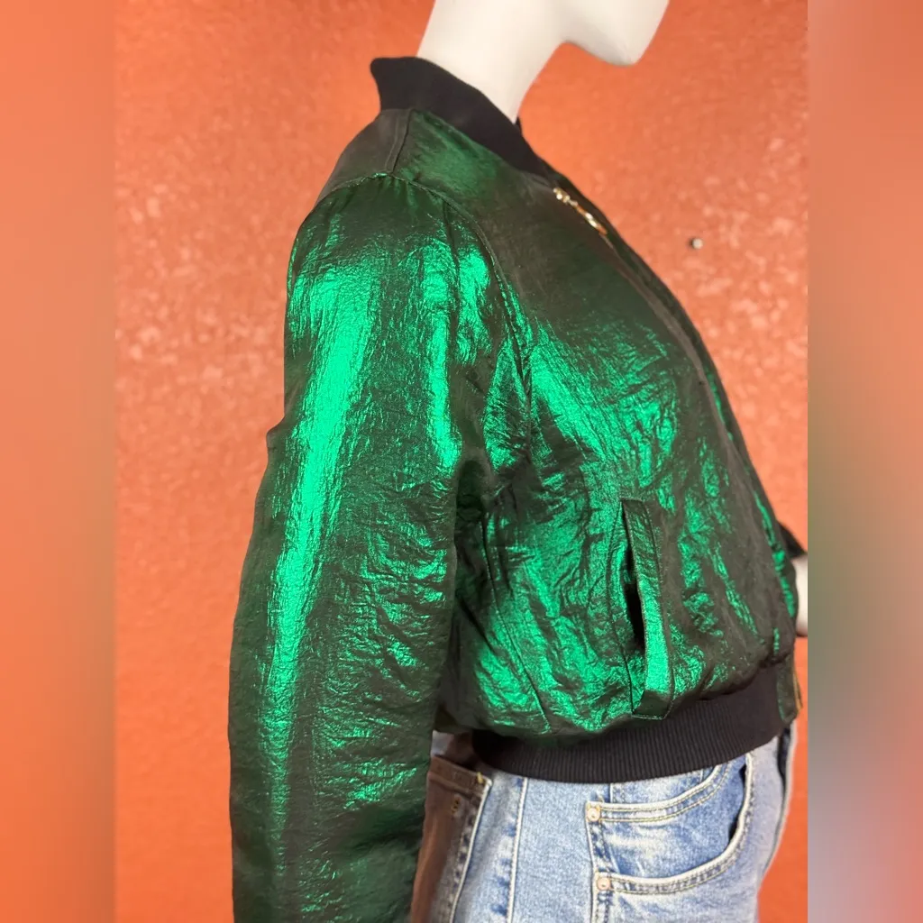 House of Holland Metallic Green Bomber Jacket - Image 3