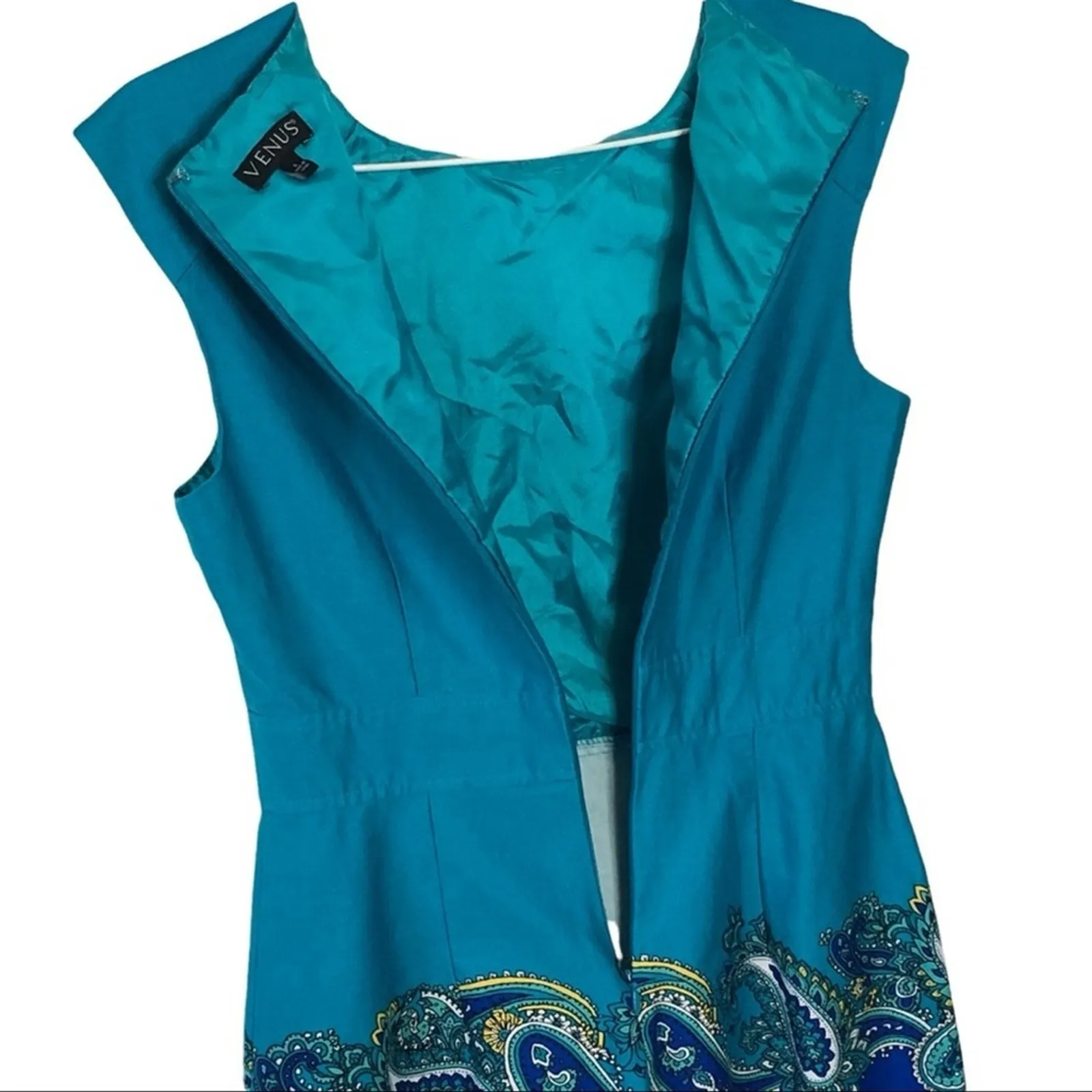 Venus Scallop Neck Sheath Midi Dress Teal Paisley Cap Sleeve Size 4 Professional - Image 9