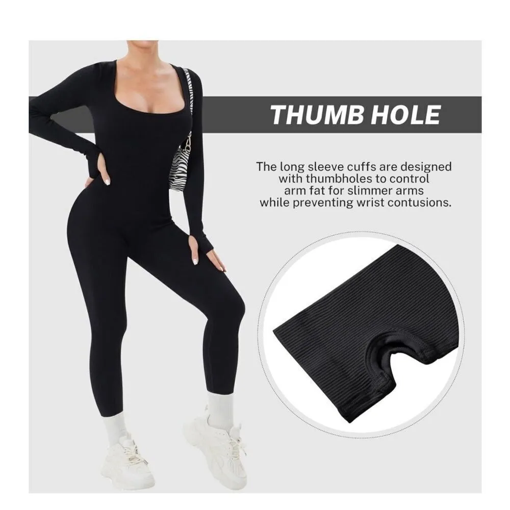 NEW Black Long Sleeve Jumpsuit 1Pc Ribbed Rompers M Size M - Image 3