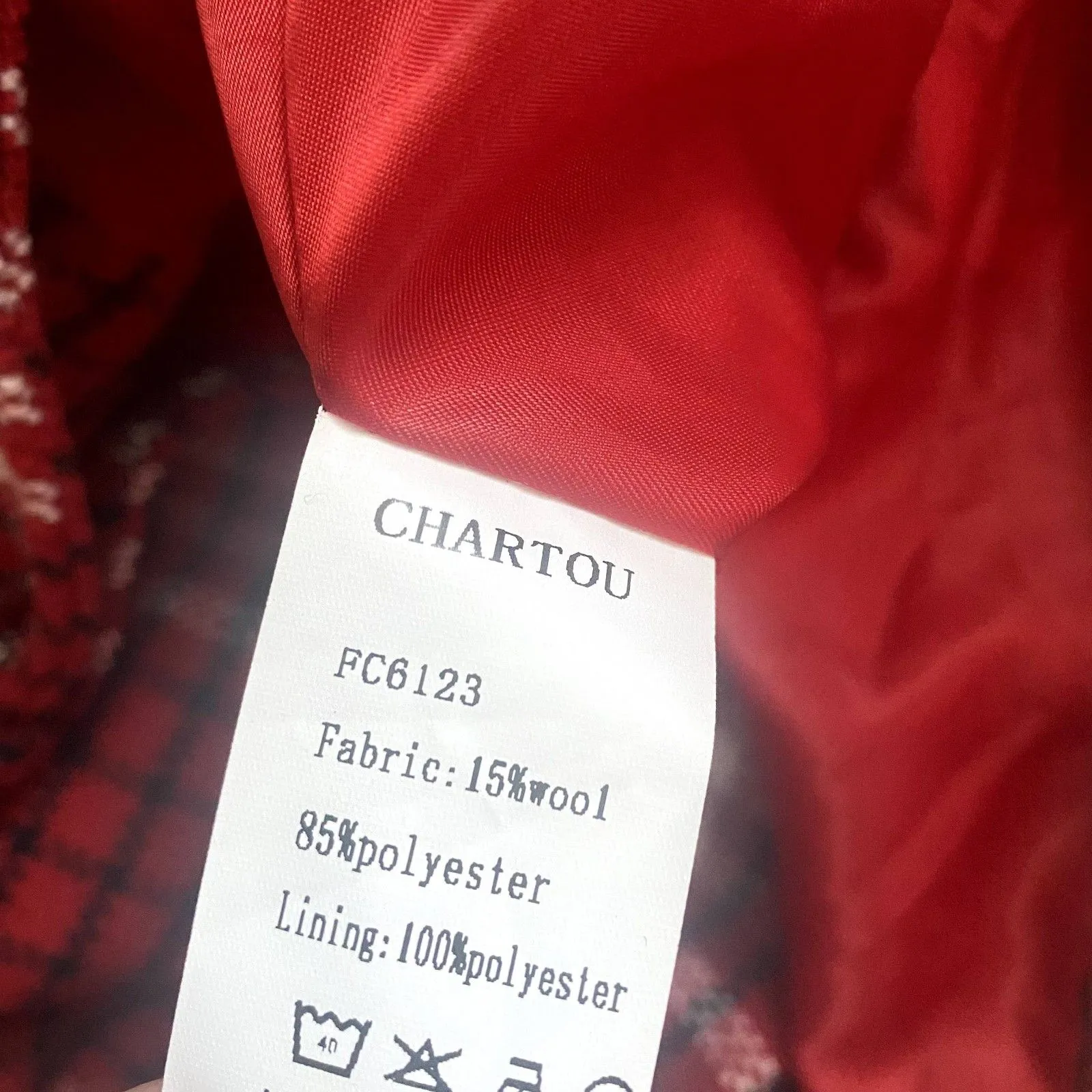 Chartou Red White Plaid Peacoat Winter Coat Longline Wool Blend‎ Size Small - Image 6