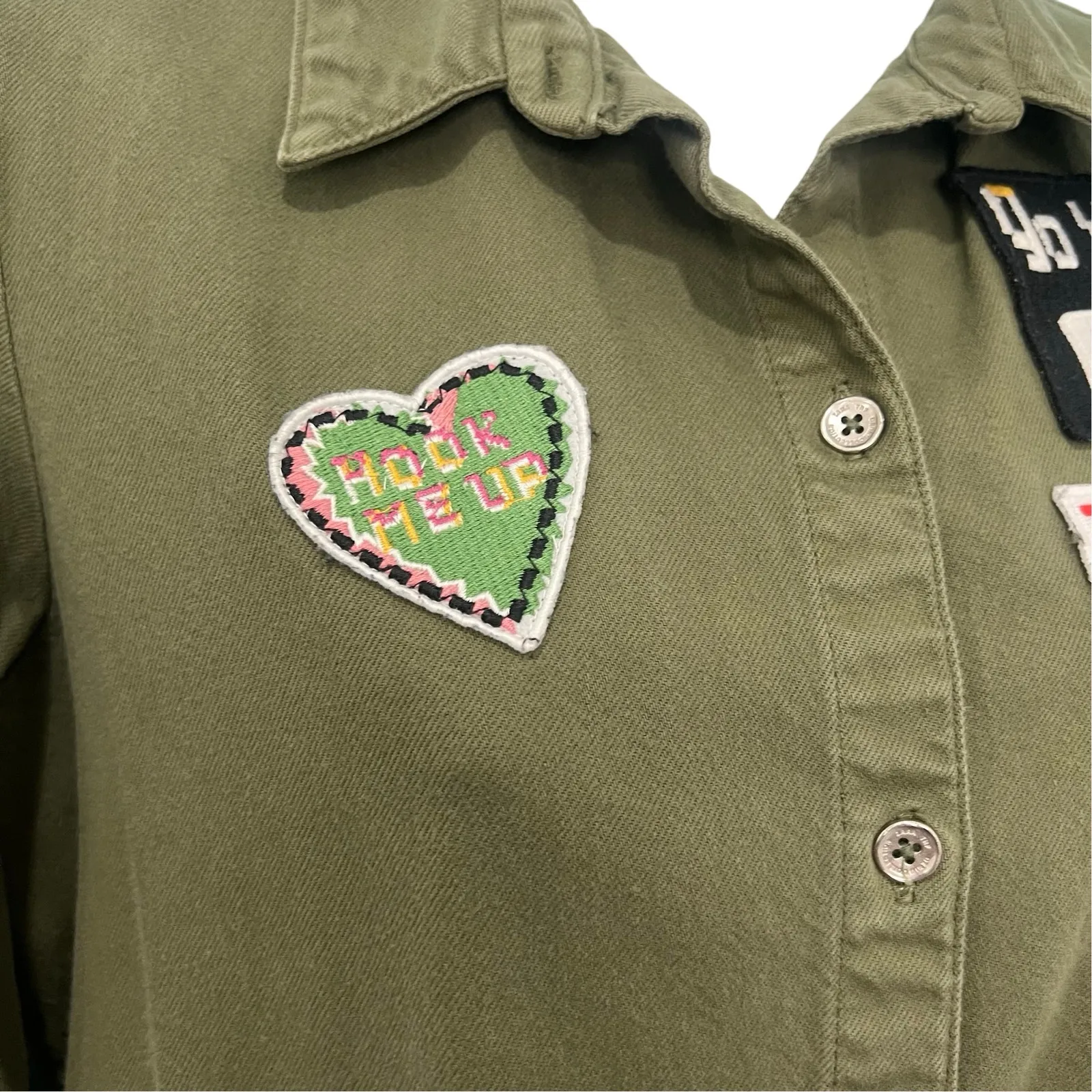 Zara Olive Green Patches Denim Button Down 3/4 Sleeve Shirt Dress sz S Trafaluc - Image 6