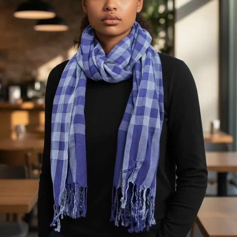 Plaid Y2K VTG Cottage Long Fringe Academia Tartan Cozy Wrap Shawl Scarf OS Purple - Image 2
