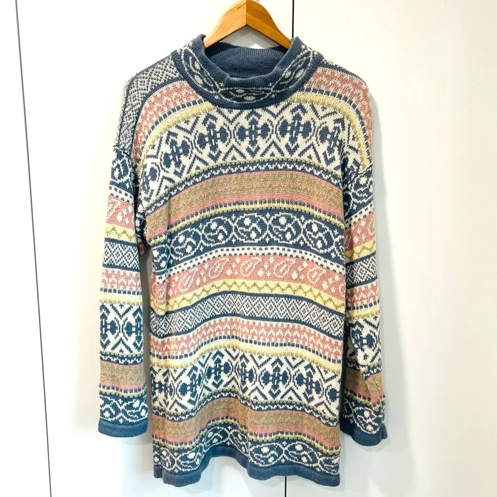 Vintage 90s Sweater Pastels Chunky Knit Oversized Knit Midi Length Pink Blue - Image 3