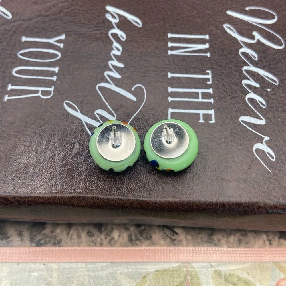 Vintage 1970 Mint Green Round Colorful Speckled Cab Boho Stainless Steel Studs - Image 10