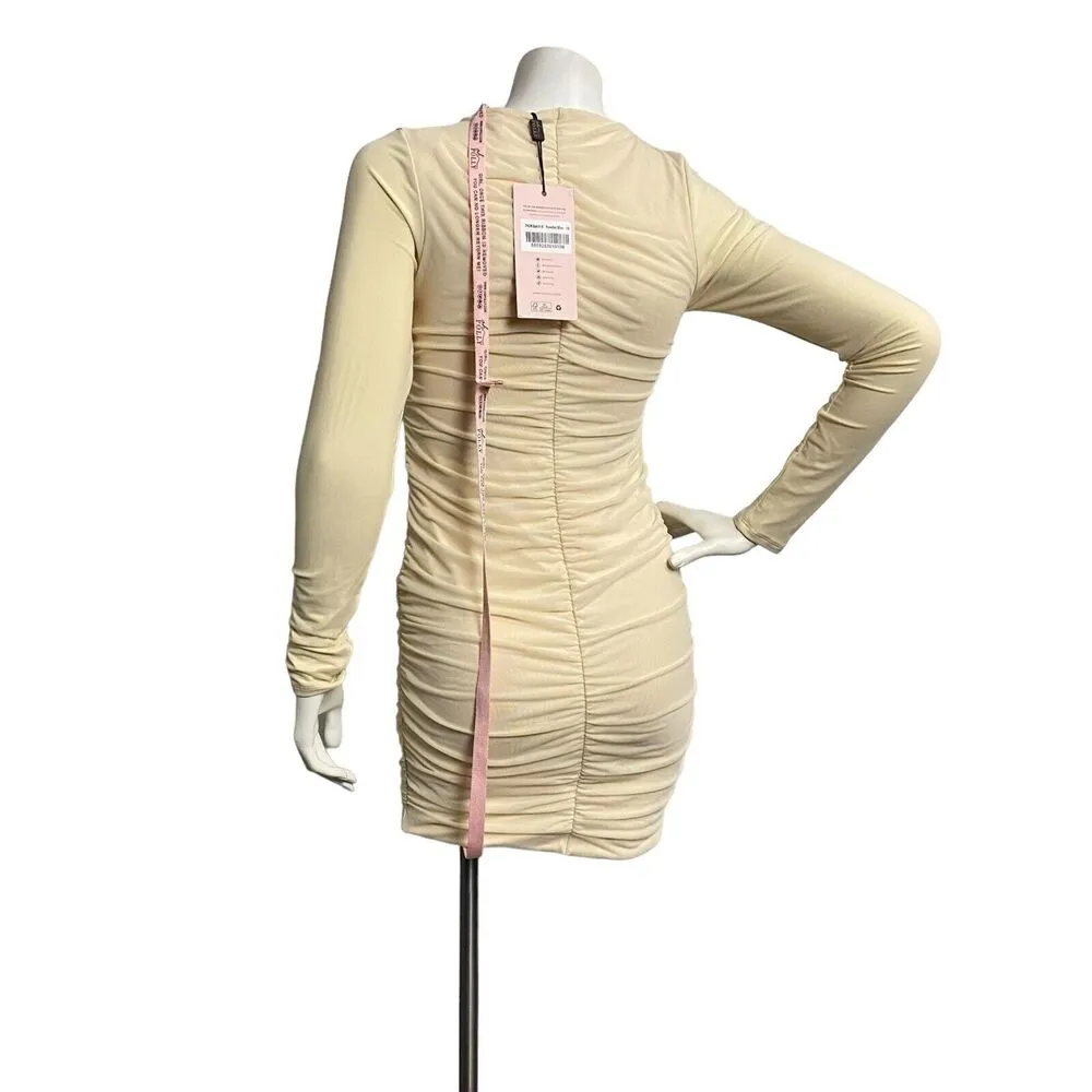 Oh Polly Yara Ruffle Mini Dress Beige Fitted Long Sleeve Women's Size 6 Clubwear - Image 6