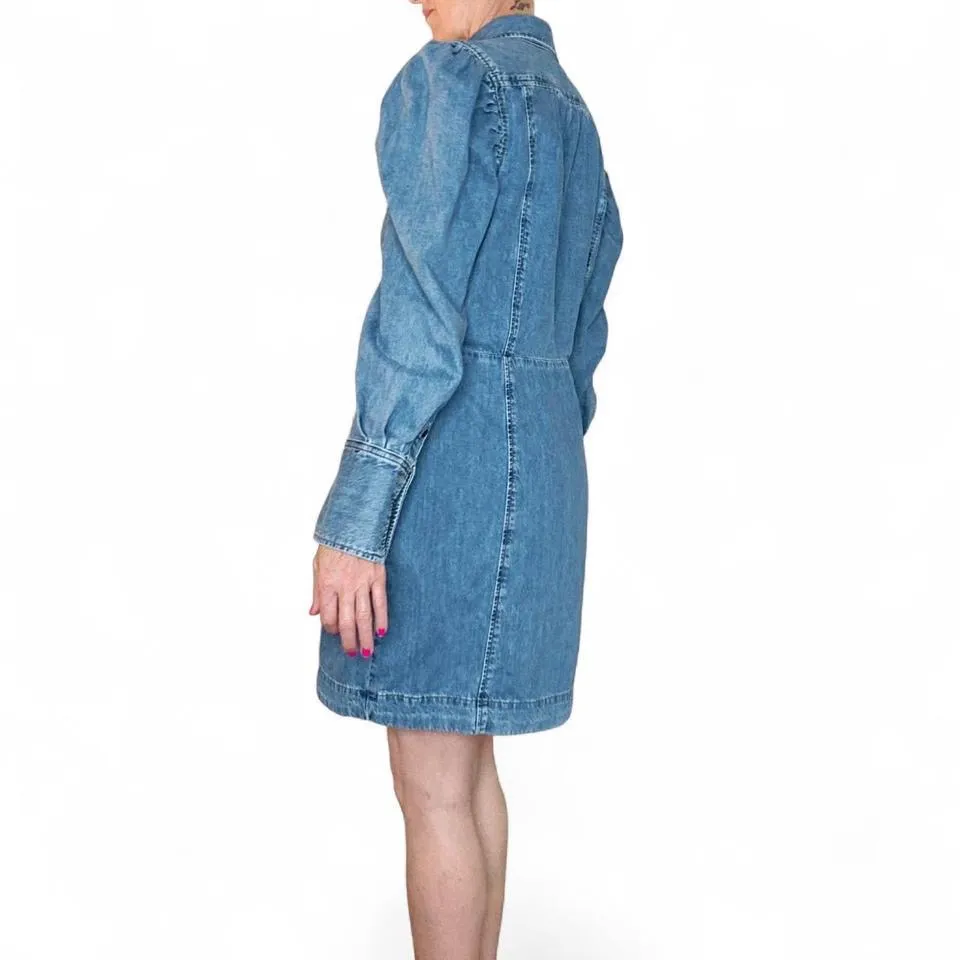 Frame Puff Sleeve Light Wash Long Sleeve Mini Denim Jean Dress - Image 2