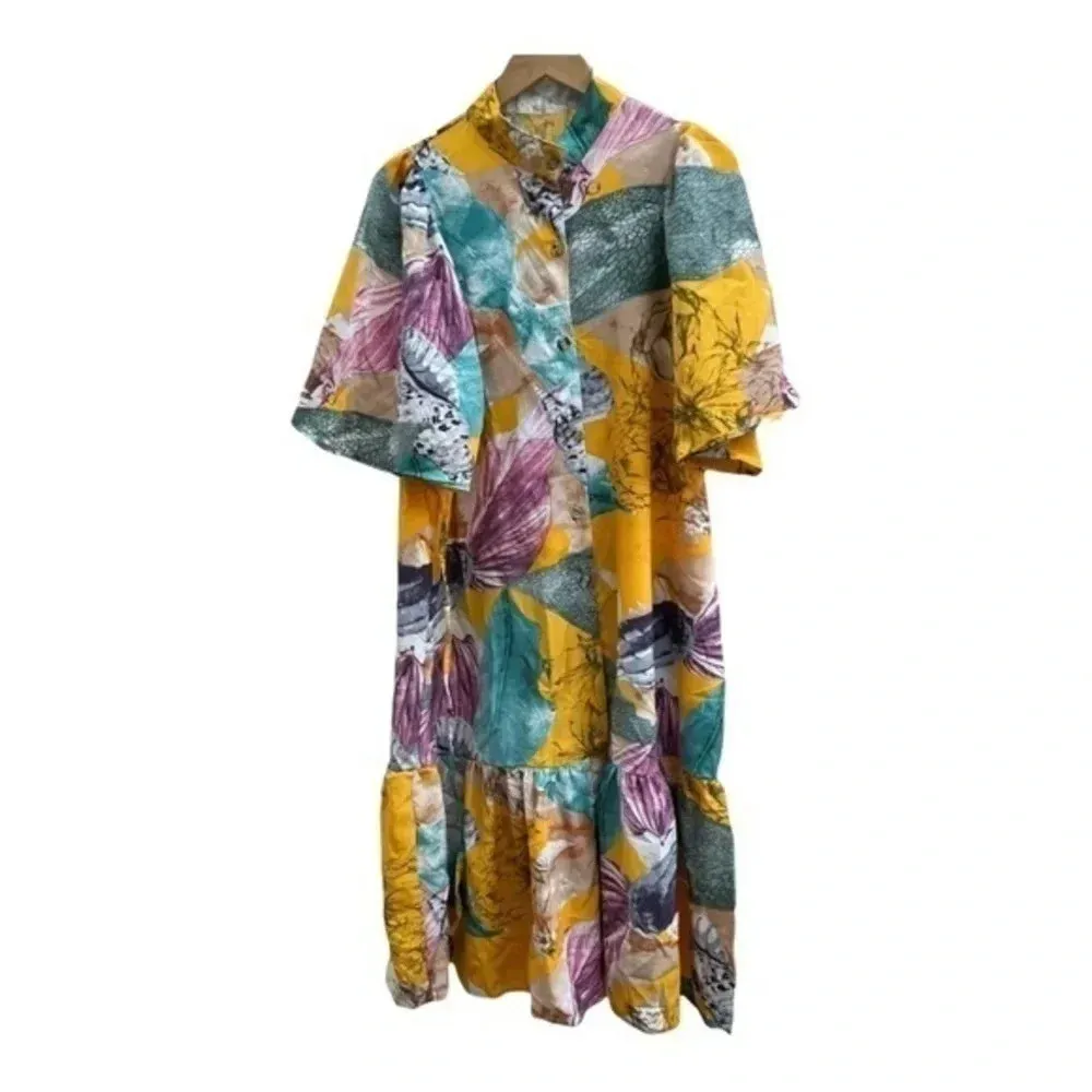 Yellow Bold Print Floral Button‎ Down Midi Dress with Ruffle Hem Size Large​​​ - Image 7