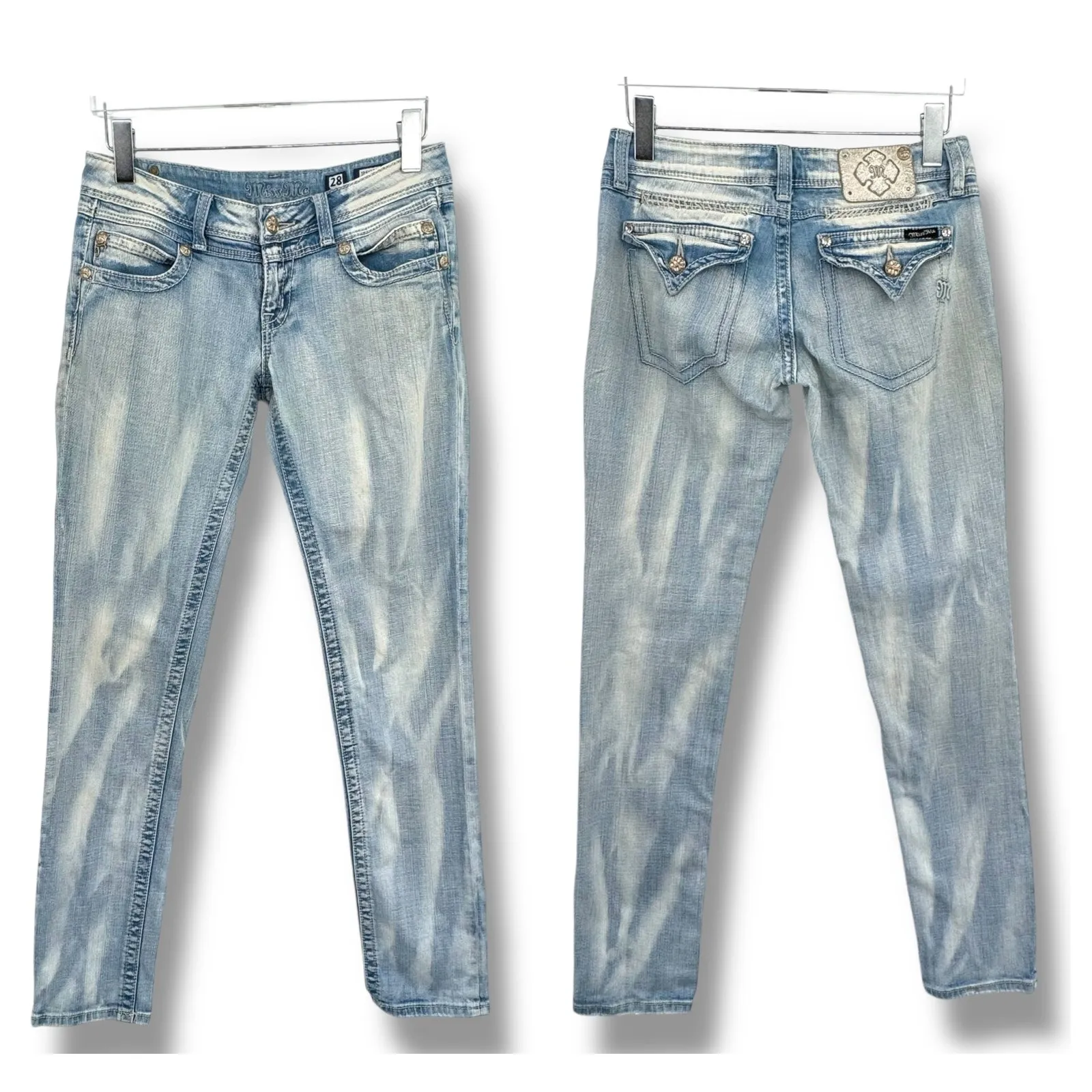 Miss Me Jeans 28 skinny embellished rhinestone flap pockets low rise light wash - Image 2