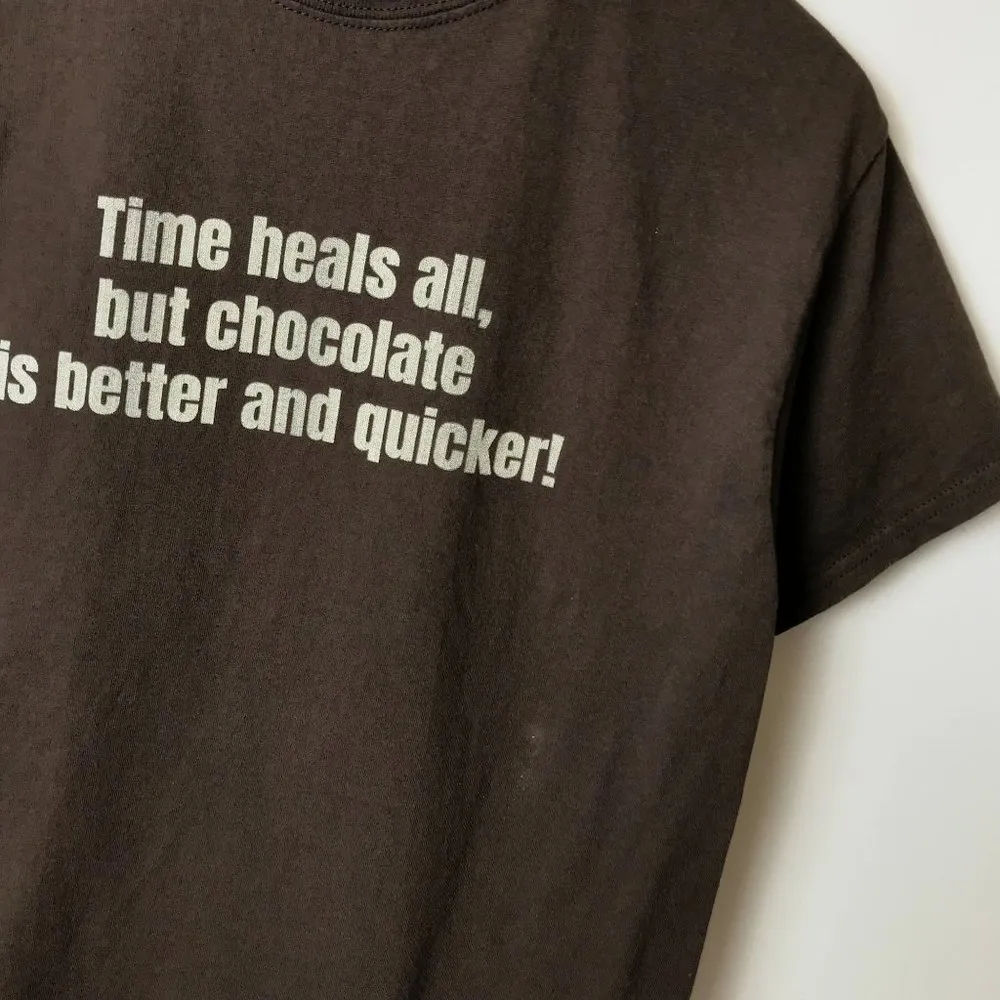 Gildan Time Heals All But Chocolate T Shirt Statement Graphic Tee Short Sleeve - Image 5