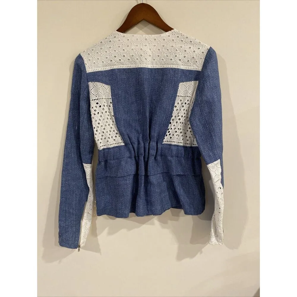 Thakoon Blazer Womens size 0 Tweed With Eyelet Lace Jacket Linen Zipper Sleeve Blue - Image 6