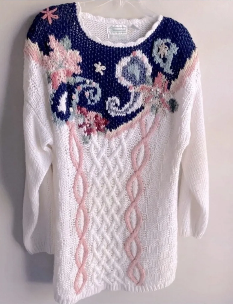 Extra Shenanigans Vintage Hand Knit Sweater with Shoulder Pads XL White - Image 1
