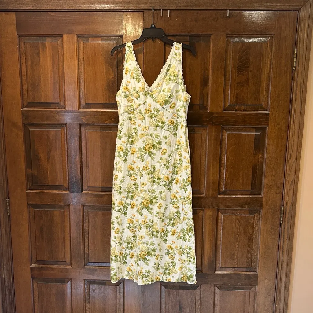 LAURA ASHLEY Linen Floral Yellow Roses Midi Dress Cottage Garden Lace Trim 14 - Image 3