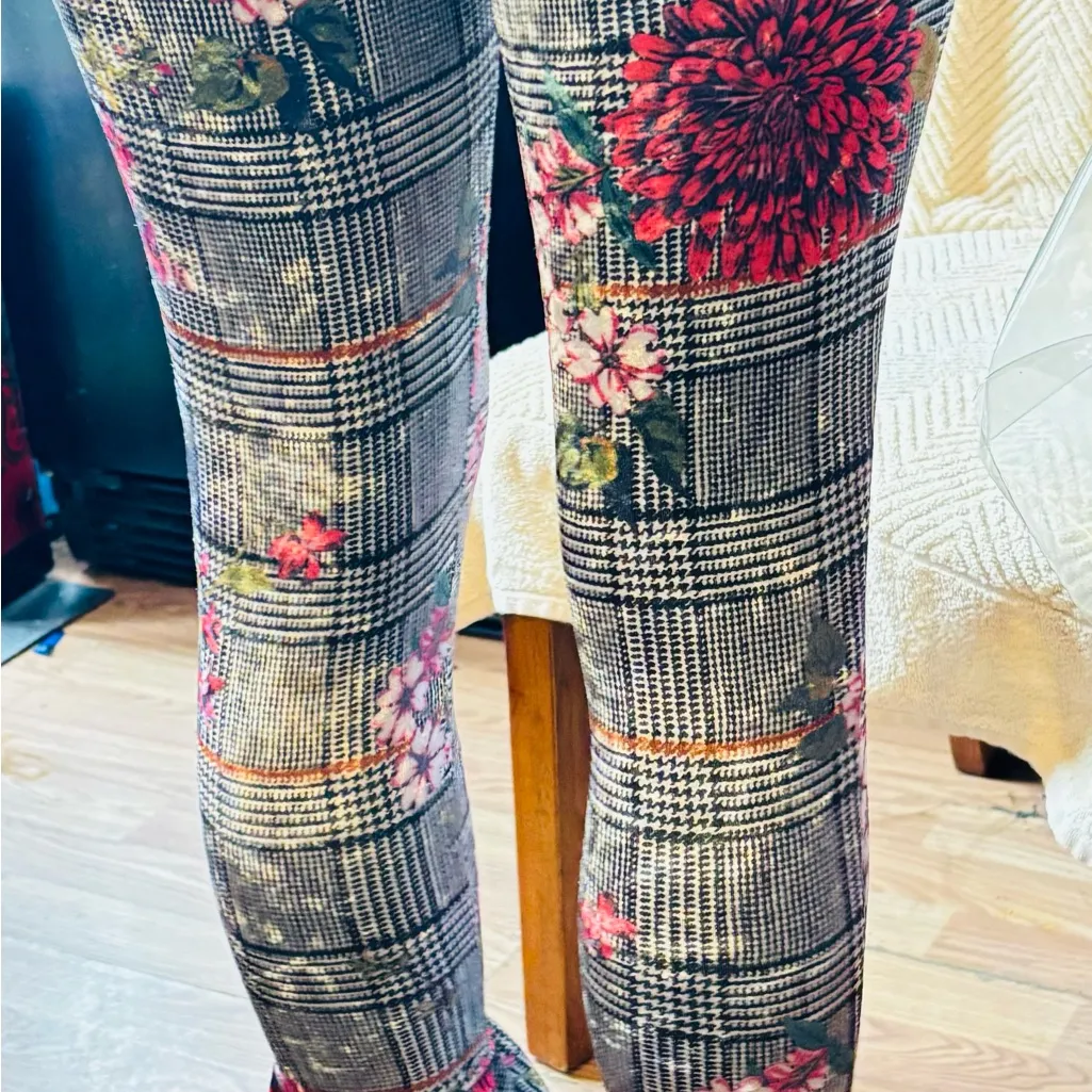 PLAID FLORAL BELL BOTTOM PANT Gray Size L - Image 9