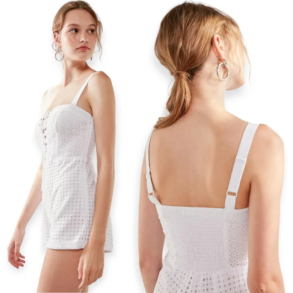 Urban Outfitters by Kimchi Blue | Small | White Heidi Lace-Up Eyelet Romper - Image 3