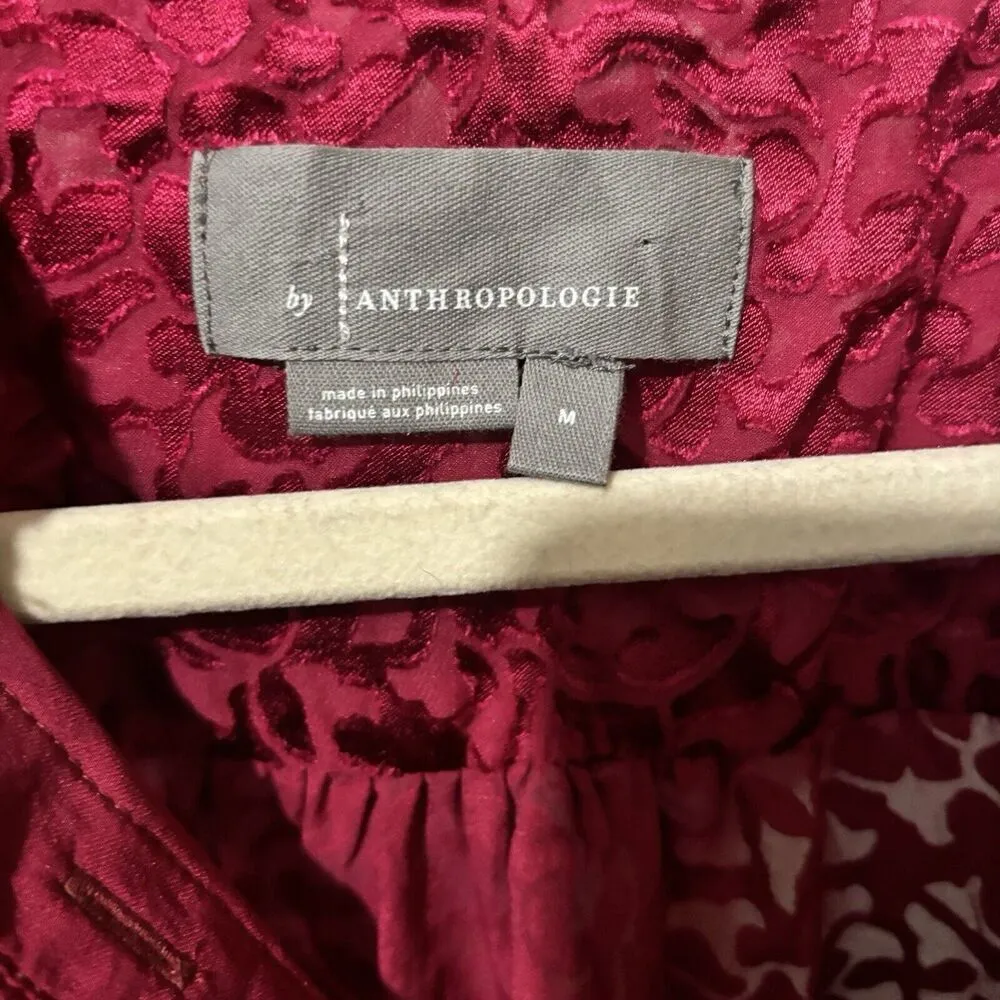 Anthropologie Top Womens Medium Burgundy Button Up Susanna Burnout Blouse Ladies - Image 6